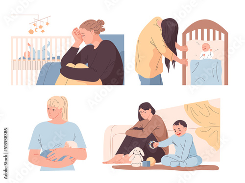 Mother in postpartum depression with a newborn baby. Set