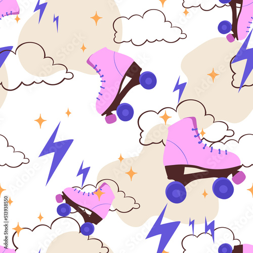 Vector seamless pattern with pink roller skates, clouds, flashes