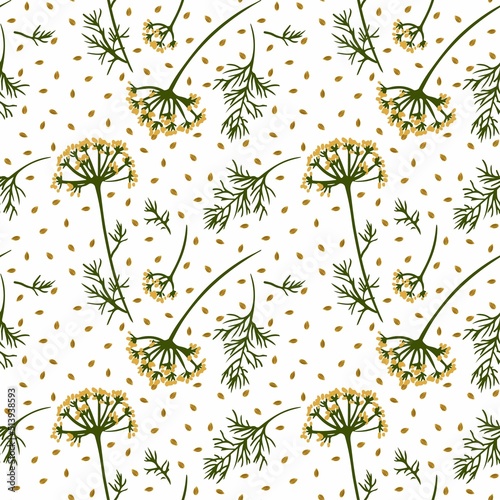 Seamless pattern with botanical set of fennel elements for printing on textile and packaging products. Medicinal plant. Cooking ingredient for culinary menu. Freehand drawing