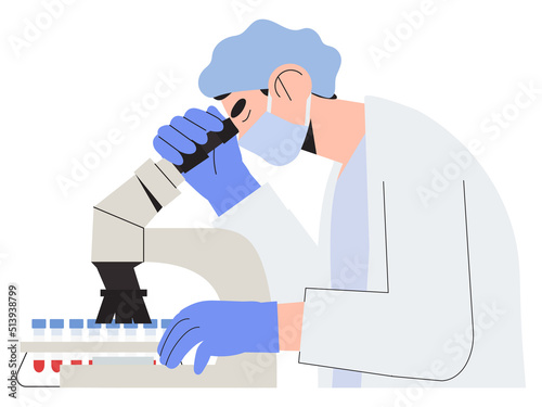 Doctor or scientist doing biochemical test analyses. Male medical or health care worker with test tube results or blood specimens. Concept for hospital, private clinic or commercial health center.