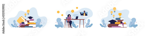 Online education and graduation concept. Vector flat design people illustration set. African nale and female teacher with student character. Book, laptop, lightbulb, prize symbol.