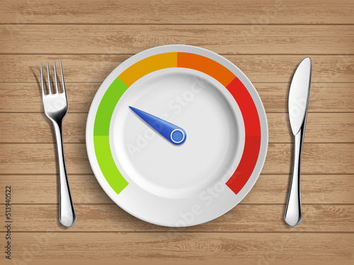 Plate on the table with calorie level.