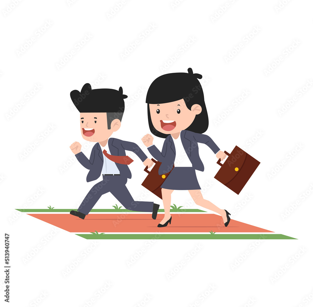 Obraz premium Business woman and man running fast in racetrack