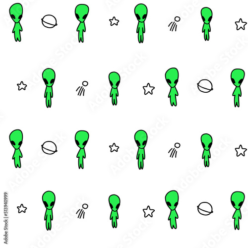 Cute pattern with stars, aliens, ufo in space. White paper for scrapbooking doodle cosmos.