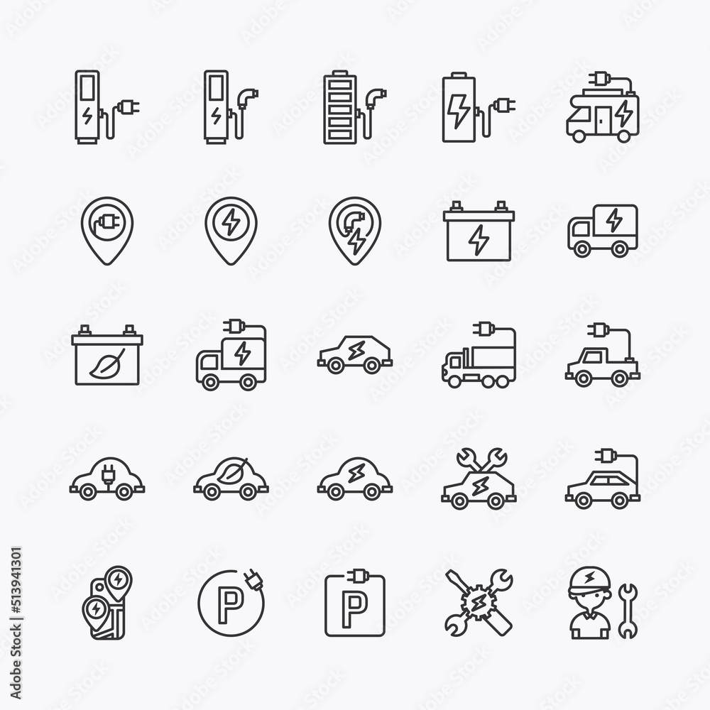 electric vehicle logo flat line icons set. EV ECO clean energy technology icon. simple design vector
