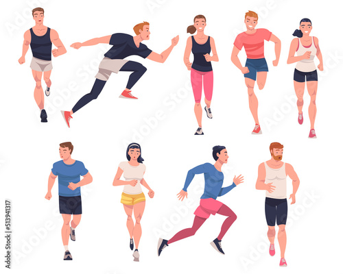 People Character Running in Sportswear and Trainers Engaged in Sport Training and Workout Vector Set