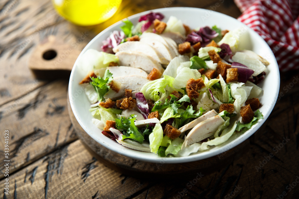 Healthy chicken salad with croutons