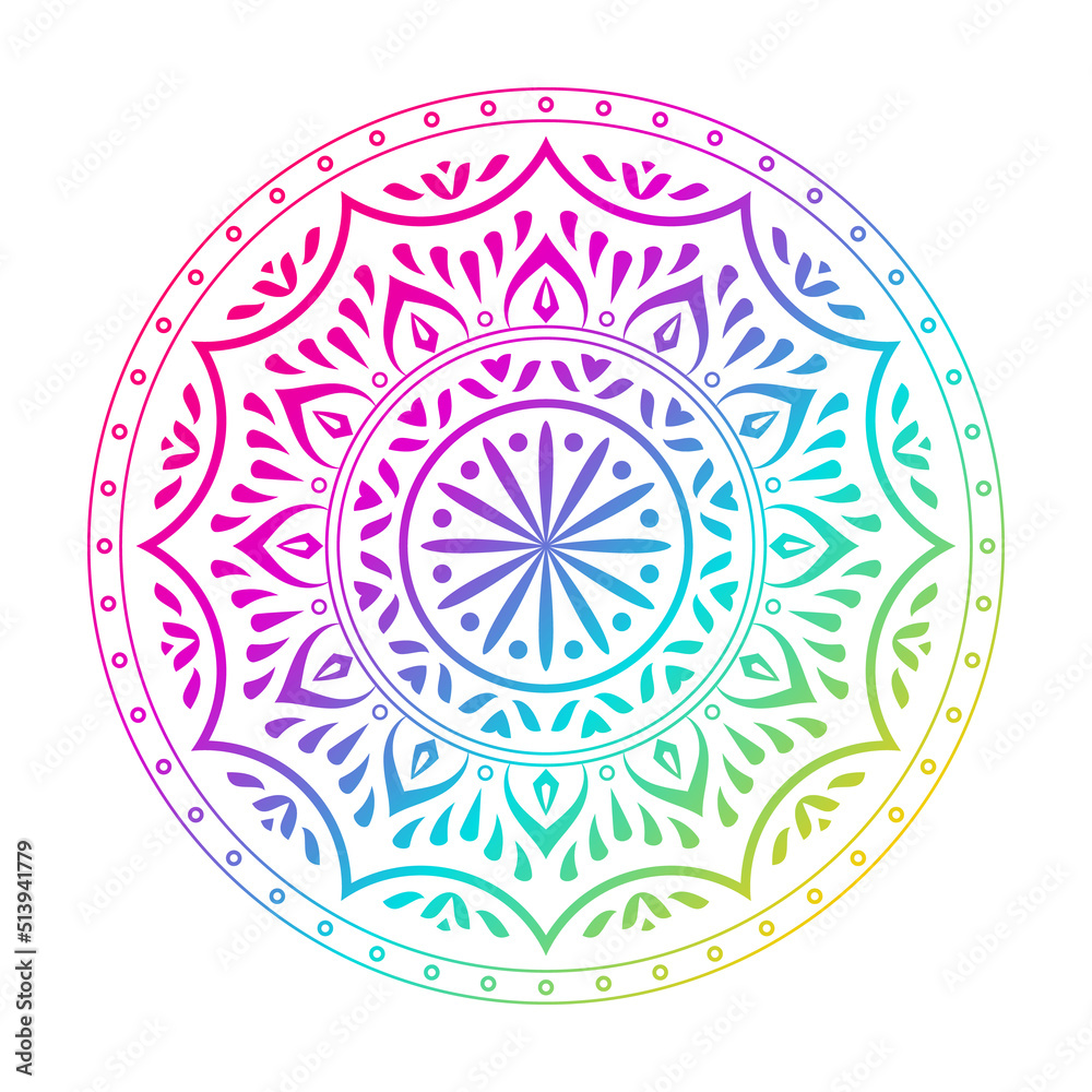 Round gradient color mandala on white isolated background. Abstract mandala design for yoga, meditation poster, banner, wallpaper