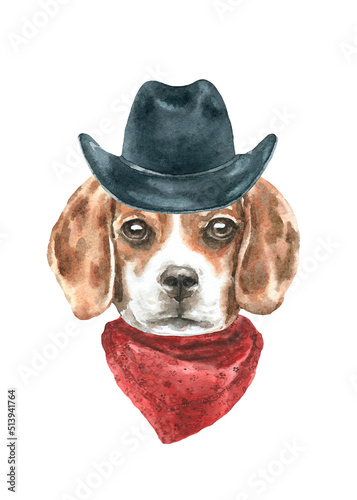 Watercolor dog breed beagle in cowboy western hat hat illustration, dog head hipster portrait, dog in funny hat, puppy fashion print, cute baby dog isolated on white background printable