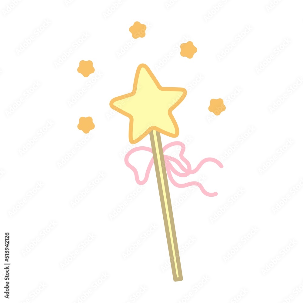 Magic stick with star and pink ribbon. Hand drawn illustration in cartoon style. Vector isolated on white background. Magic stick with star and pink ribbon. Hand drawn illustration in cartoon style. Vector isolated on white background.