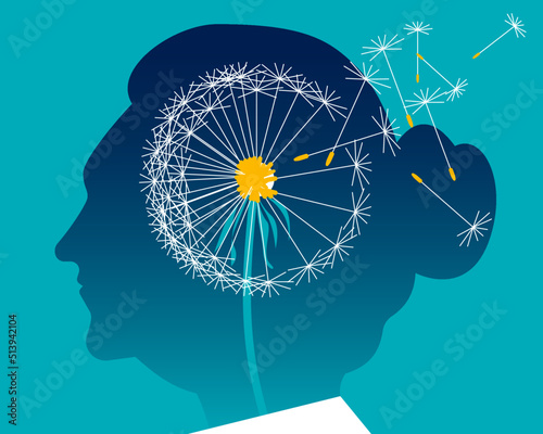 Elderly woman lost pieces of his head like Dandelion seeds in the wind. Dementia Alzheimer, memory loss and losing part of brain concept. Elderly woman. Female subject. Vector illustration