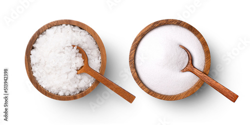 Course and fine natural sea salt in wooden bowl isolated on white background, top view, flat lay. photo