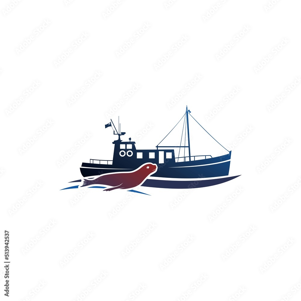 sailing ship and seal logo, silhouette of sailing ship, vector illustrations