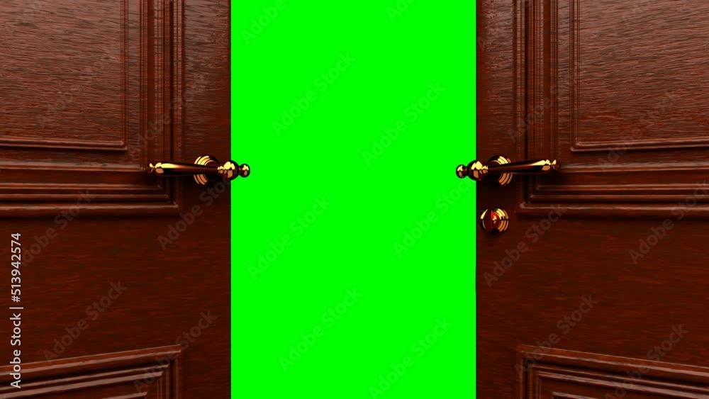 Creative transition. Opening door in empty room with chromakey. Design template.