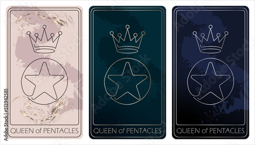 Queen of Pentacles. A card of Minor arcana one line drawing tarot cards. Vector linear hand drawn illustration with occult, mystical and esoteric symbols. 3 colors. Proposional to 2,75x4,75 in.