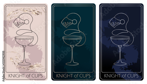 Knight of Cups. A card of Minor arcana one line drawing tarot cards. Tarot deck. Vector linear hand drawn illustration with occult, mystical and esoteric symbols. 3 colors. Proposional to 2,75x4,75 in photo