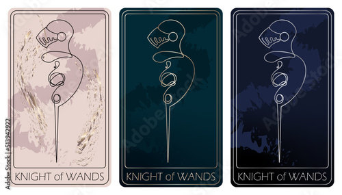 Knight of Wands. A card of Minor arcana one line drawing tarot cards. Tarot deck. Vector linear hand drawn illustration with occult, mystical and esoteric symbols. 3 colors.Proposional to 2,75x4,75 in