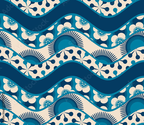 japanese style seamless pattern waves geometric in blue ivory shades