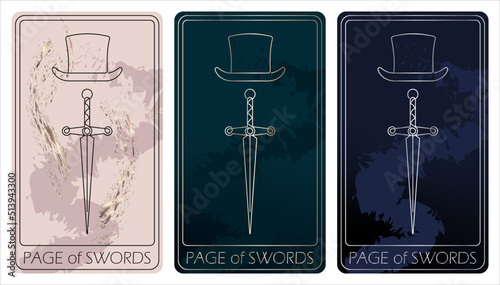 Page of Swords. A card of Minor arcana one line drawing tarot cards. Tarot deck. Vector linear hand drawn illustration with occult, mystical and esoteric symbols. 3 colors. Proposional to 2,75x4,75 in photo