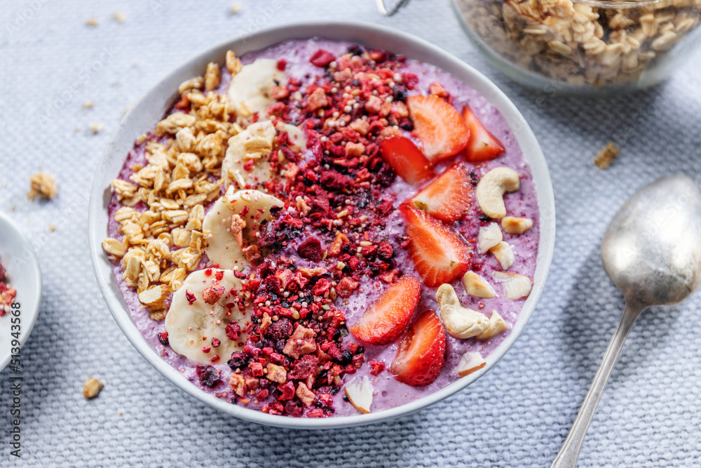 Fruity healthy muesli bowl on table Fruity healthy muesli bowl on table