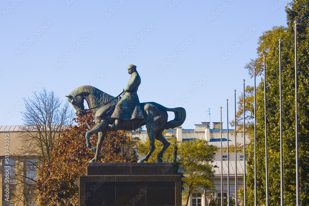 Monument to Marshal Jozef Pilsudski on the horse at Lithuanian Square in Lublin, Poland - obrazy, fototapety, plakaty 