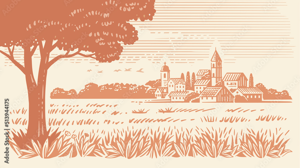 Obraz premium Country with ground. Farming landscape with village