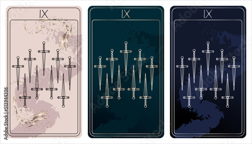 9 of Swords. A card of Minor arcana one line drawing tarot cards. Tarot deck. Vector linear hand drawn illustration with occult, mystical and esoteric symbols. 3 colors. Proposional to 2,75x4,75 in.