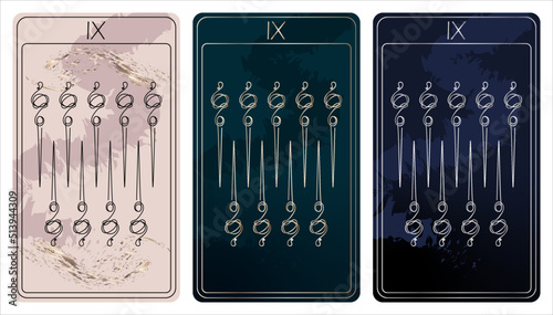9 of Wands. A card of Minor arcana one line drawing tarot cards. Tarot deck. Vector linear hand drawn illustration with occult, mystical and esoteric symbols. 3 colors. Proposional to 2,75x4,75 in.