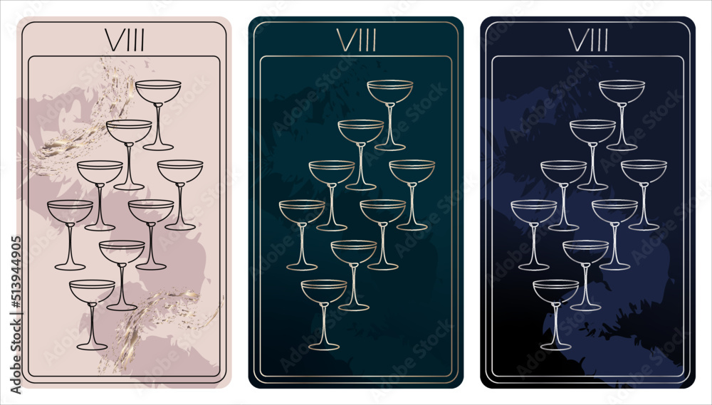 Fototapeta premium 8 of Cups. A card of Minor arcana one line drawing tarot cards. Tarot deck. Vector linear hand drawn illustration with occult, mystical and esoteric symbols. 3 colors. Proposional to 2,75x4,75 in.
