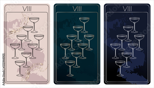 8 of Cups. A card of Minor arcana one line drawing tarot cards. Tarot deck. Vector linear hand drawn illustration with occult, mystical and esoteric symbols. 3 colors. Proposional to 2,75x4,75 in.