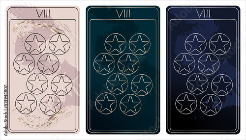 8 of Pentacles. A card of Minor arcana one line drawing tarot cards. Tarot deck. Vector linear hand drawn illustration with occult, mystical and esoteric symbols. 3 colors. Proposional to 2,75x4,75 in