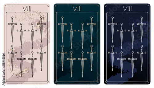 8 of Swords. A card of Minor arcana one line drawing tarot cards. Tarot deck. Vector linear hand drawn illustration with occult, mystical and esoteric symbols. 3 colors. Proposional to 2,75x4,75 in.