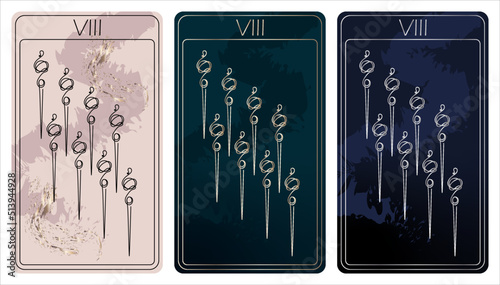 8 of Wands. A card of Minor arcana one line drawing tarot cards. Tarot deck. Vector linear hand drawn illustration with occult, mystical and esoteric symbols. 3 colors. Proposional to 2,75x4,75 in.