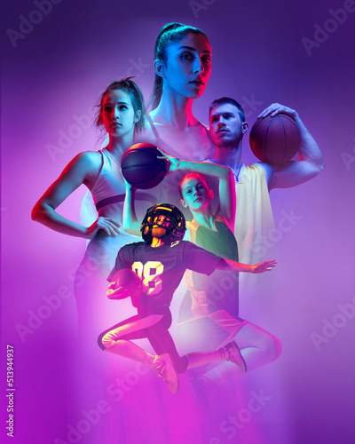 Collage, poster with professional sportsmen, american football and basketball players over purple smoky background. Sport, team, competition, ad concept