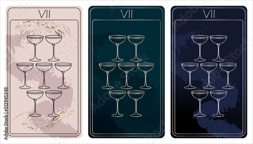 7 of Cups. A card of Minor arcana one line drawing tarot cards. Tarot deck. Vector linear hand drawn illustration with occult, mystical and esoteric symbols. 3 colors. Proposional to 2,75x4,75 in.