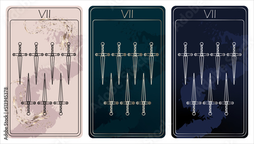 7 of Swords. A card of Minor arcana one line drawing tarot cards. Tarot deck. Vector linear hand drawn illustration with occult, mystical and esoteric symbols. 3 colors. Proposional to 2,75x4,75 in.