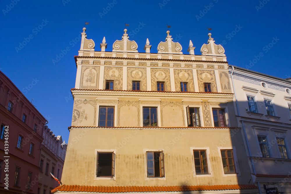 Facades of old buildings on the Market Square in Lublin, Poland