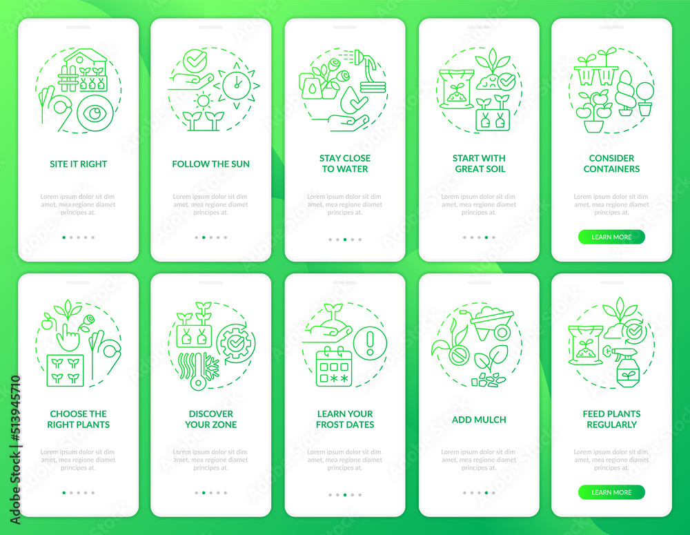 Gardening tips green gradient onboarding mobile app screen set. Horticulture walkthrough 5 steps graphic instructions with linear concepts. UI, UX, GUI template. Myriad Pro-Bold, Regular fonts used