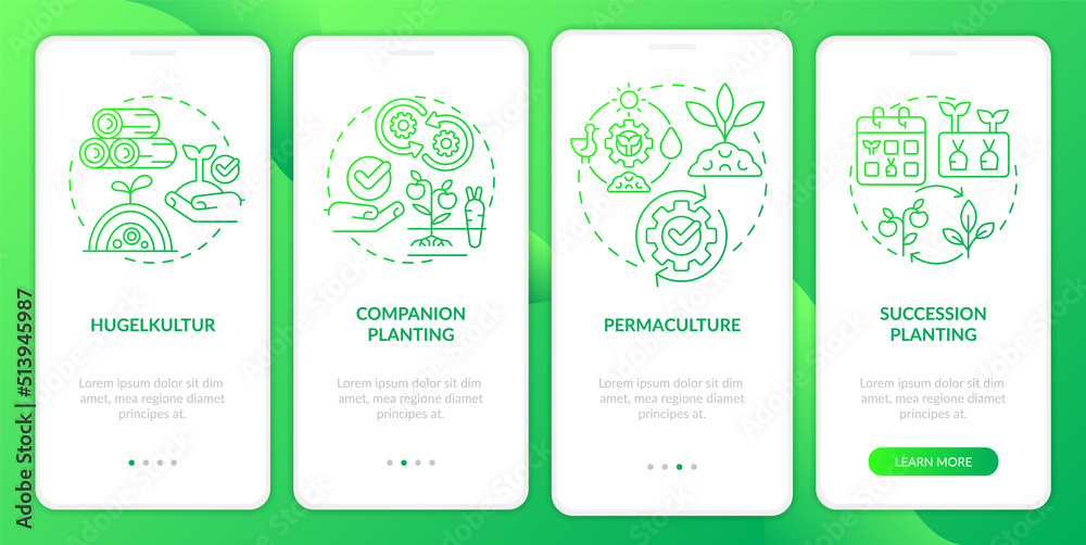 Methods of gardening green gradient onboarding mobile app screen. Planting walkthrough 4 steps graphic instructions with linear concepts. UI, UX, GUI template. Myriad Pro-Bold, Regular fonts used