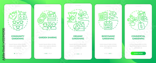 Types of gardening green gradient onboarding mobile app screen. Vegetation walkthrough 5 steps graphic instructions with linear concepts. UI, UX, GUI template. Myriad Pro-Bold, Regular fonts used