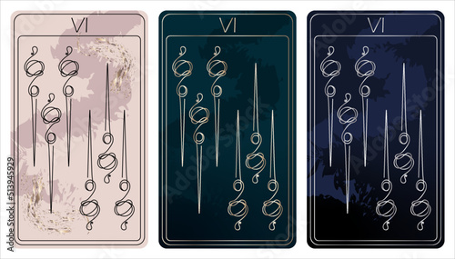 6 of Wands. A card of Minor arcana one line drawing tarot cards. Tarot deck. Vector linear hand drawn illustration with occult, mystical and esoteric symbols. 3 colors. Proposional to 2,75x4,75 in.