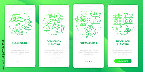 Methods of gardening green gradient onboarding mobile app screen. Planting walkthrough 4 steps graphic instructions with linear concepts. UI, UX, GUI template. Myriad Pro-Bold, Regular fonts used