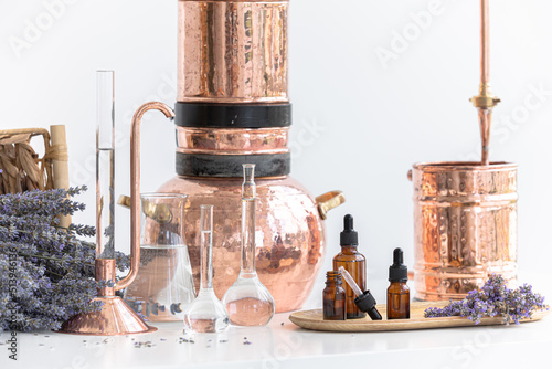Bild auf Leinwand Distillation of lavender essential oil