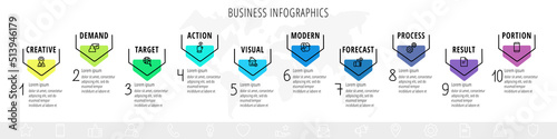 Vector arrows infographic design. Modern business presentation and infographics with 10 steps, options. Graphic timeline for app, website, interface, levels, diagram, banner, presentations