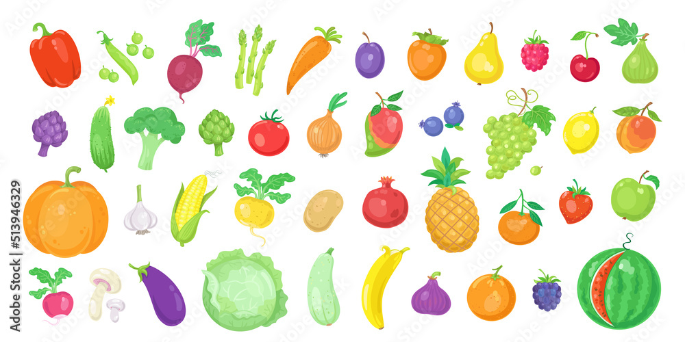 Healthy food. Big set of fruits and vegetables. Icons in cartoon style. Isolated on white background. Vector flat illustration. Healthy food. Big set of fruits and vegetables. Icons in cartoon style. Isolated on white background. Vector flat illustration.