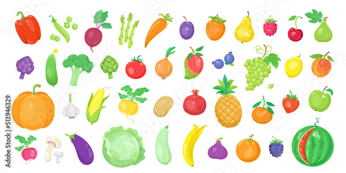 Healthy food. Big set of fruits and vegetables. Icons in cartoon style. Isolated on white background. Vector flat illustration.