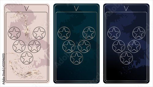 5 of Pentacles. A card of Minor arcana one line drawing tarot cards. Tarot deck. Vector linear hand drawn illustration with occult, mystical and esoteric symbols. 3 colors. Proposional to 2,75x4,75 in
