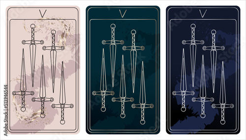 5 of Swords. A card of Minor arcana one line drawing tarot cards. Tarot deck. Vector linear hand drawn illustration with occult, mystical and esoteric symbols. 3 colors. Proposional to 2,75x4,75 in.