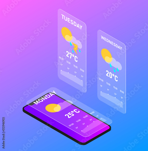 smartphone application Weather, set of screens. Web illustration Weather for smartphone. Glasmorphism, blur, frosted glass effect.