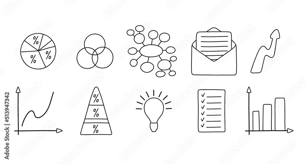 Fototapeta premium Business Line Icons - Vector Line Icons. Diagrams, graphs, mind map, list, idea, e-mail, letter, arrow